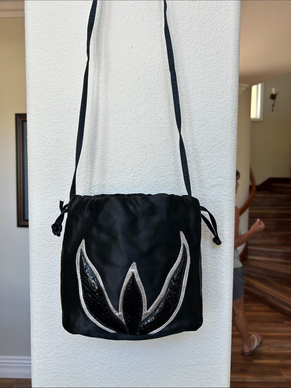 Black Satin Crossbody Bag with Embellished Silver Accents